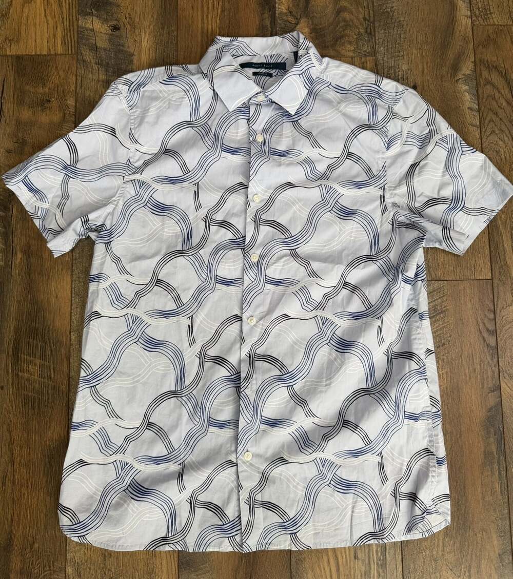 Perry Ellis Men’s M Stretch Short Sleeve Button Up Shirt Blue Abstract Print
